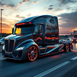 A cutting-edge semi-truck featuring custom sport rims, designed to showcase an aggressive and modern aesthetic