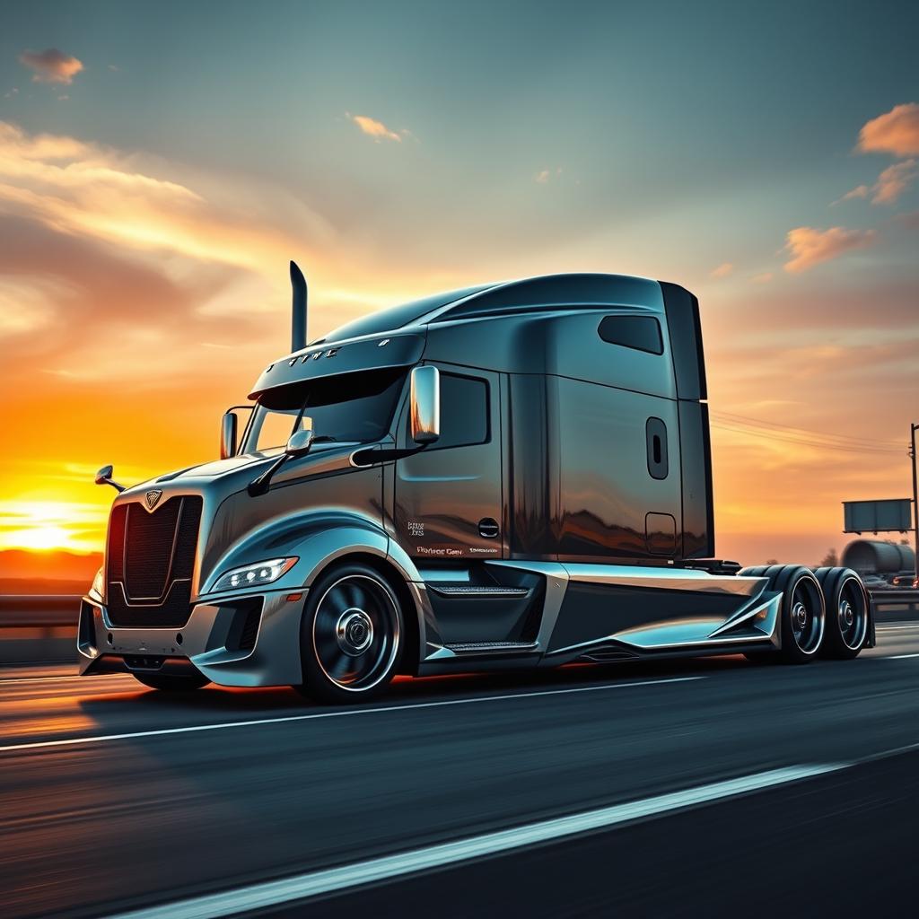 A cutting-edge semi-truck featuring custom sport rims, designed to showcase an aggressive and modern aesthetic