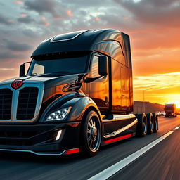 A cutting-edge semi-truck featuring custom sport rims, designed to showcase an aggressive and modern aesthetic