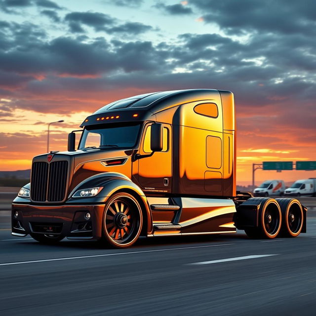 A cutting-edge semi-truck featuring custom sport rims, designed to showcase an aggressive and modern aesthetic