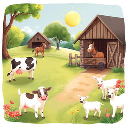 A soft, whimsical illustration painting of a serene farm scene, featuring a cow contentedly grazing in a lush green pasture