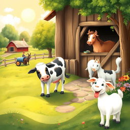 A soft, whimsical illustration painting of a serene farm scene, featuring a cow contentedly grazing in a lush green pasture