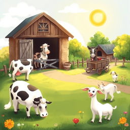 A soft, whimsical illustration painting of a serene farm scene, featuring a cow contentedly grazing in a lush green pasture