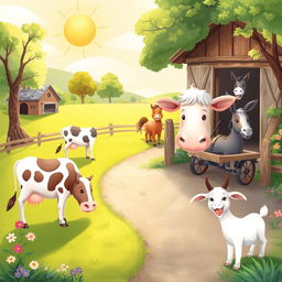 A soft, whimsical illustration painting of a serene farm scene, featuring a cow contentedly grazing in a lush green pasture