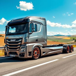 A cutting-edge semi-truck featuring custom Daf rims, showcasing a unique blend of modern engineering and stylish design