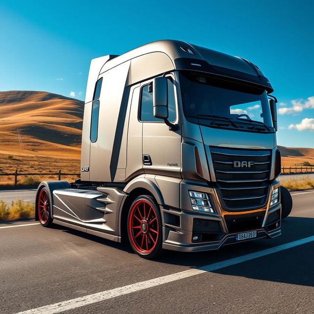 A cutting-edge semi-truck featuring custom Daf rims, showcasing a unique blend of modern engineering and stylish design