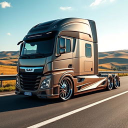 A cutting-edge semi-truck featuring custom Daf rims, showcasing a unique blend of modern engineering and stylish design