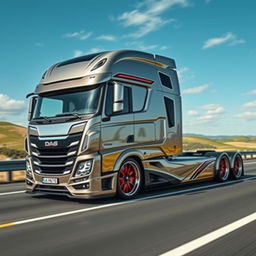 A cutting-edge semi-truck featuring custom Daf rims, showcasing a sleek and modern design