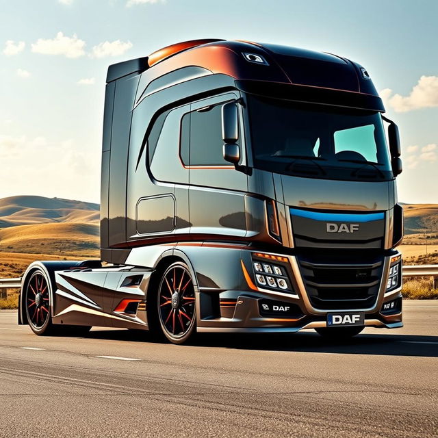 A cutting-edge semi-truck featuring custom Daf rims, showcasing a sleek and modern design