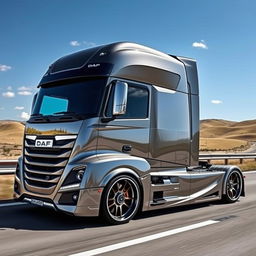 A cutting-edge semi-truck featuring custom Daf rims, showcasing a sleek and modern design