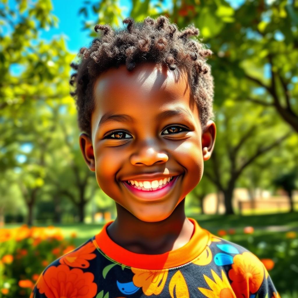 A youthful African black boy, showcasing a bright smile and happy demeanor