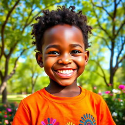 A youthful African black boy, showcasing a bright smile and happy demeanor