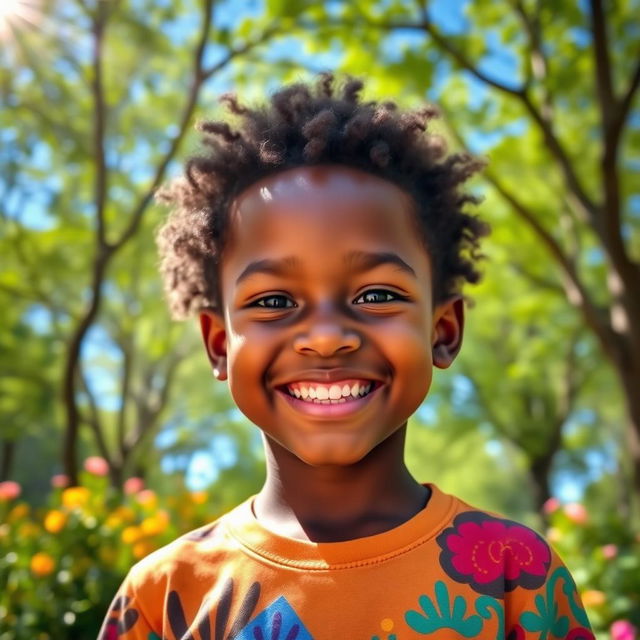 A youthful African black boy, showcasing a bright smile and happy demeanor