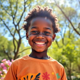 A youthful African black boy, showcasing a bright smile and happy demeanor