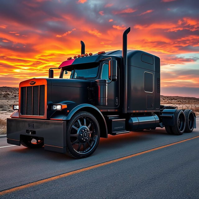 A powerful semi-truck designed for a man, featuring custom cutting-edge rims that showcase rugged style and strength