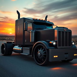 A powerful semi-truck designed for a man, featuring custom cutting-edge rims that showcase rugged style and strength