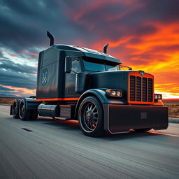 A powerful semi-truck designed for a man, featuring custom cutting-edge rims that showcase rugged style and strength