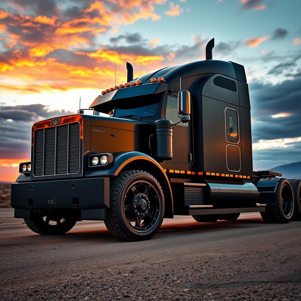 A powerful semi-truck designed for a man, featuring custom cutting-edge rims that showcase rugged style and strength