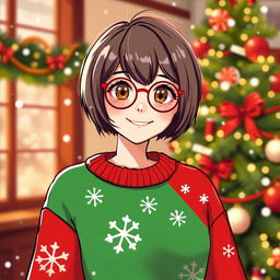 A girl named Kath with short hair, wearing a festive Christmas outfit