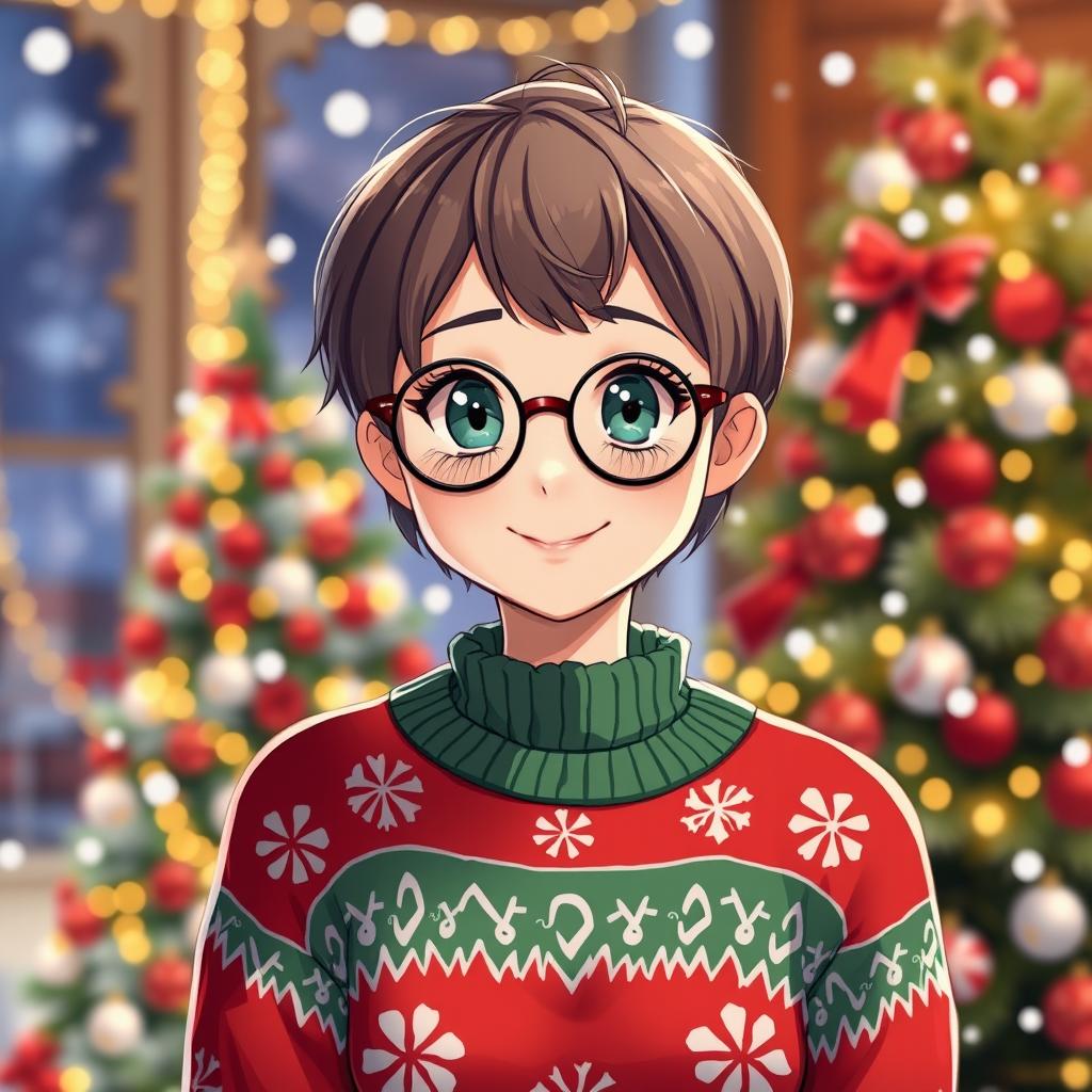 A girl named Kath with short hair, wearing a festive Christmas outfit