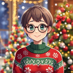 A girl named Kath with short hair, wearing a festive Christmas outfit