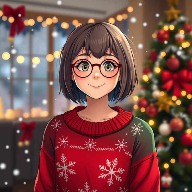 A girl named Kath with short hair, wearing a festive Christmas outfit