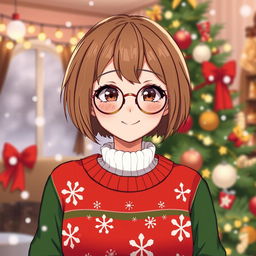 A girl named Kath with short hair, wearing a festive Christmas outfit