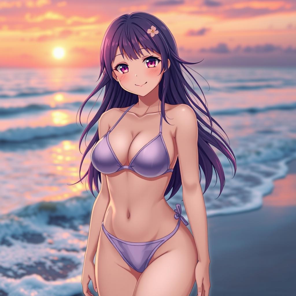 A stunning anime girl wearing a transparent bikini that highlights her big breasts, with vibrant hair flowing effortlessly around her shoulders