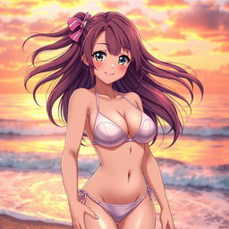 A stunning anime girl wearing a transparent bikini that highlights her big breasts, with vibrant hair flowing effortlessly around her shoulders