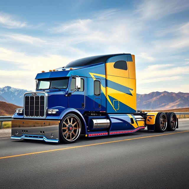 A striking semi-truck featuring custom Subaru rims, blending automotive styling with heavy-duty performance