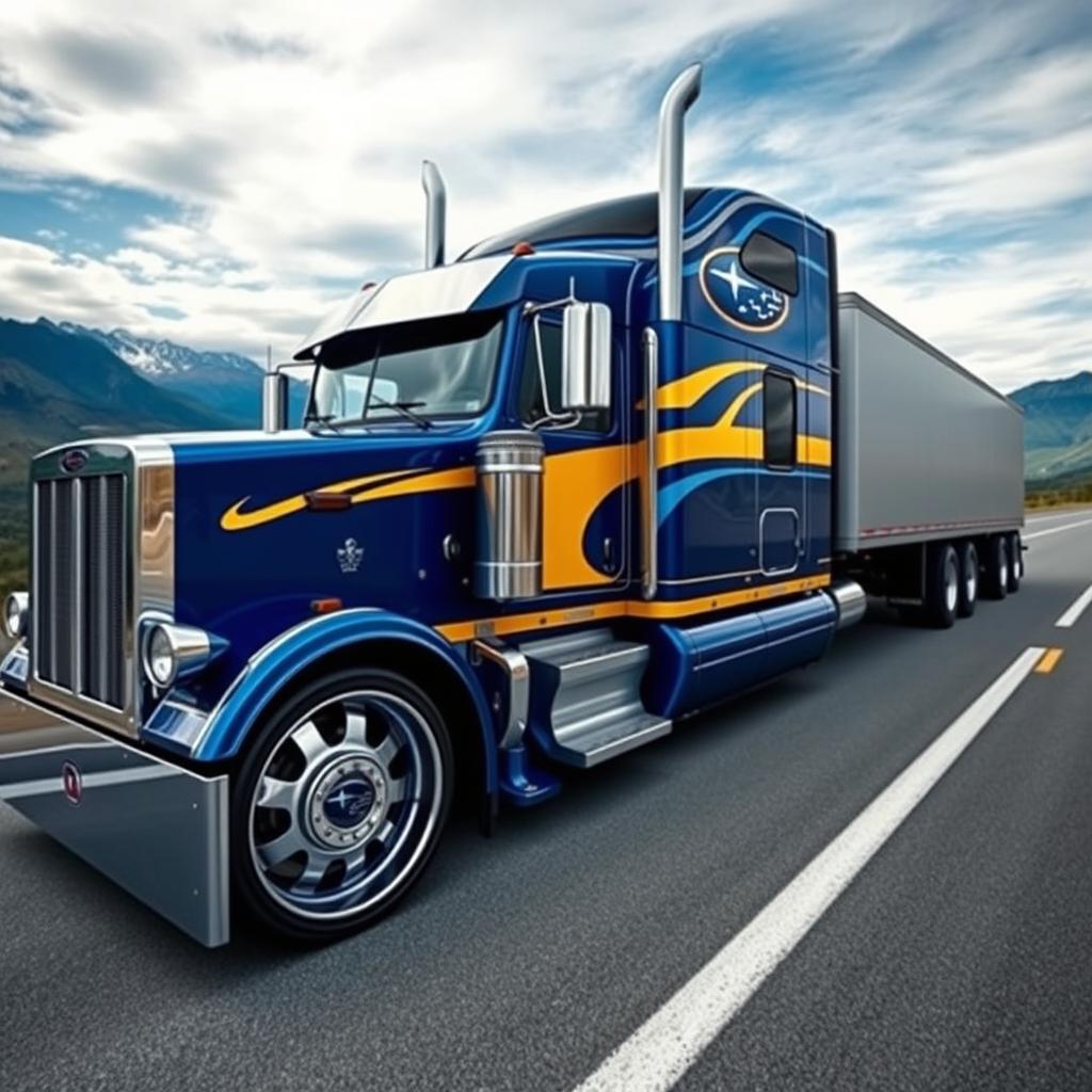 A striking semi-truck featuring custom Subaru rims, blending automotive styling with heavy-duty performance