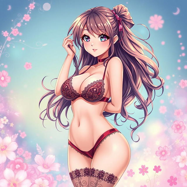 A stunning anime illustration of a voluptuous girl, featuring exaggerated large breasts, portrayed in a vivid and colorful style