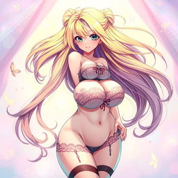 A stunning anime illustration of a voluptuous girl, featuring exaggerated large breasts, portrayed in a vivid and colorful style