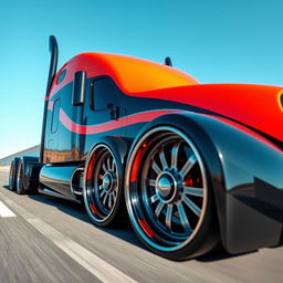 A stunning custom semi-truck featuring cutting-edge sporty rims and wheels