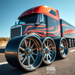 A stunning custom semi-truck featuring cutting-edge sporty rims and wheels