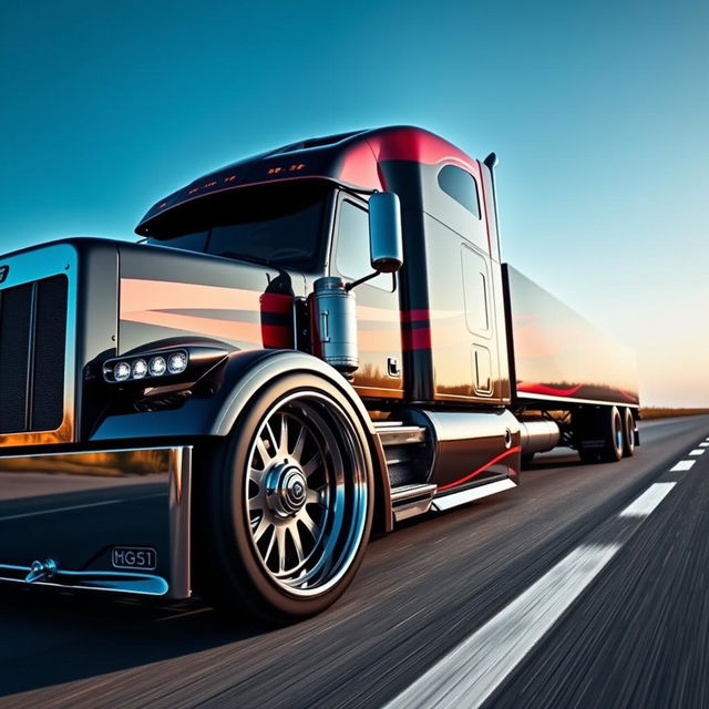 A stunning custom semi-truck featuring cutting-edge sporty rims and wheels