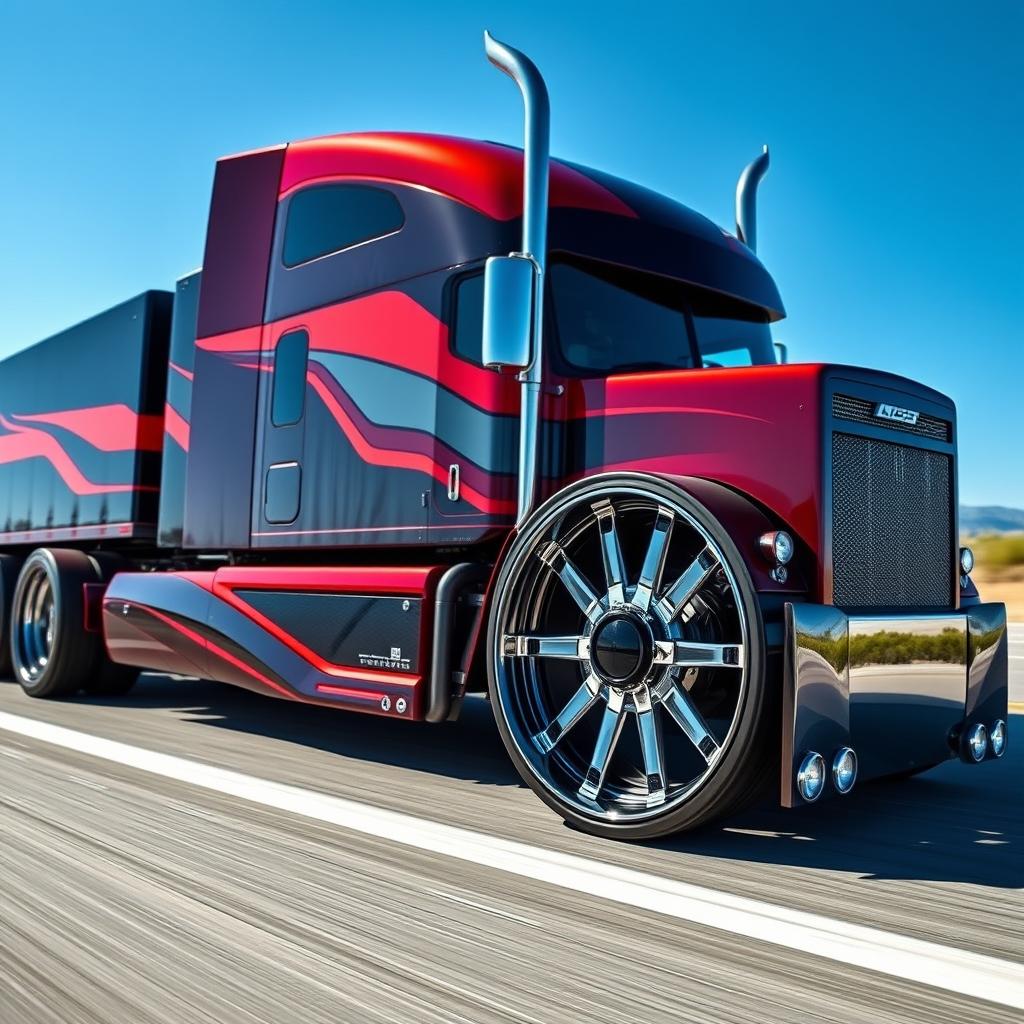 A stunning custom semi-truck featuring cutting-edge sporty rims and wheels