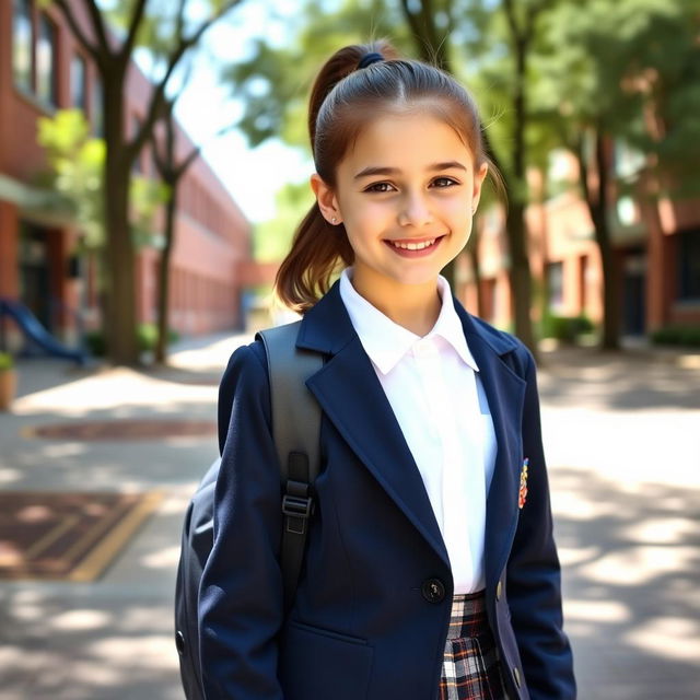 A young girl in a crisp, stylish school uniform, featuring a neatly tailored blazer in navy blue with a school crest, white blouse, and a plaid skirt