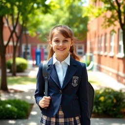 A young girl in a crisp, stylish school uniform, featuring a neatly tailored blazer in navy blue with a school crest, white blouse, and a plaid skirt