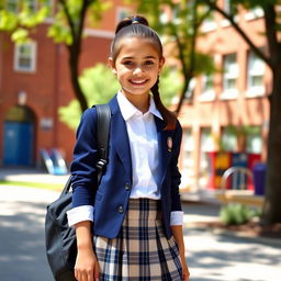 A young girl in a crisp, stylish school uniform, featuring a neatly tailored blazer in navy blue with a school crest, white blouse, and a plaid skirt