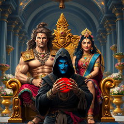 A high-resolution scene depicting an Indian muscular king with flowing hair and a clear sharp face, possessing fair skin and intense eyes