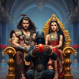 A high-resolution scene depicting an Indian muscular king with flowing hair and a clear sharp face, possessing fair skin and intense eyes