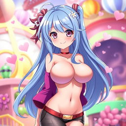 An anime character with large breasts, styled in a vibrant, colorful manner