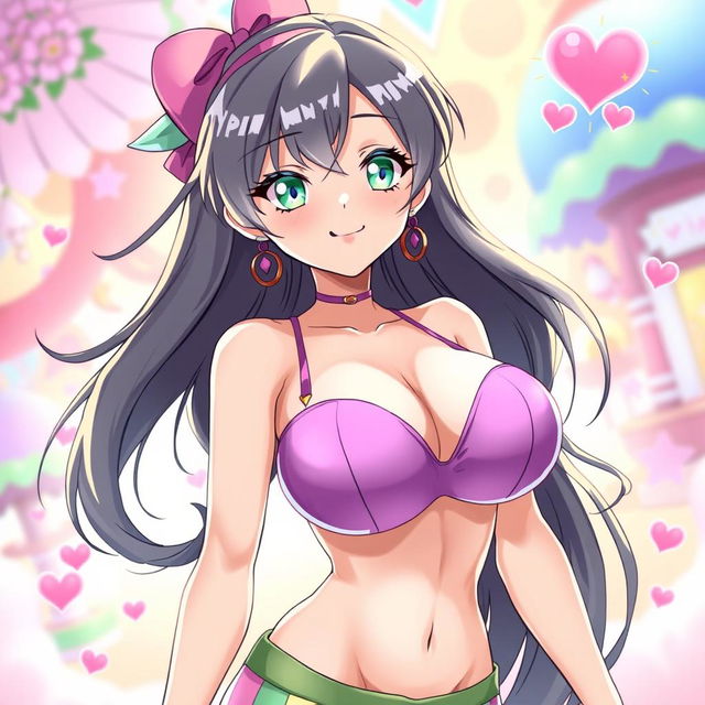 An anime character with large breasts, styled in a vibrant, colorful manner