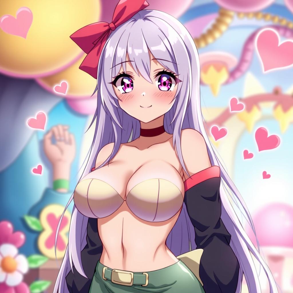 An anime character with large breasts, styled in a vibrant, colorful manner