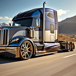 A striking custom semi-truck equipped with cutting-edge sporty rims and wheels