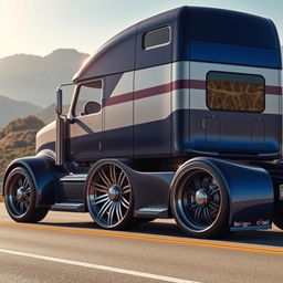 A striking custom semi-truck equipped with cutting-edge sporty rims and wheels