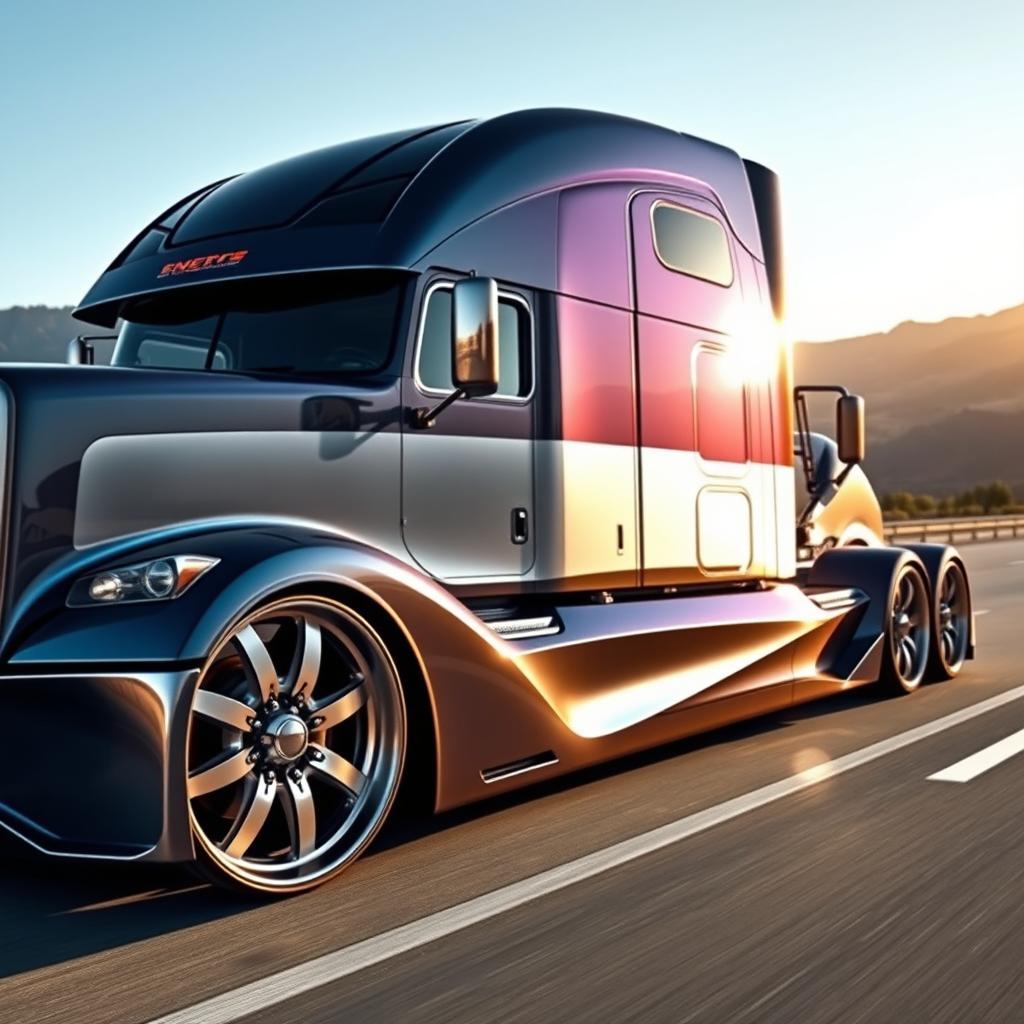 A striking custom semi-truck equipped with cutting-edge sporty rims and wheels