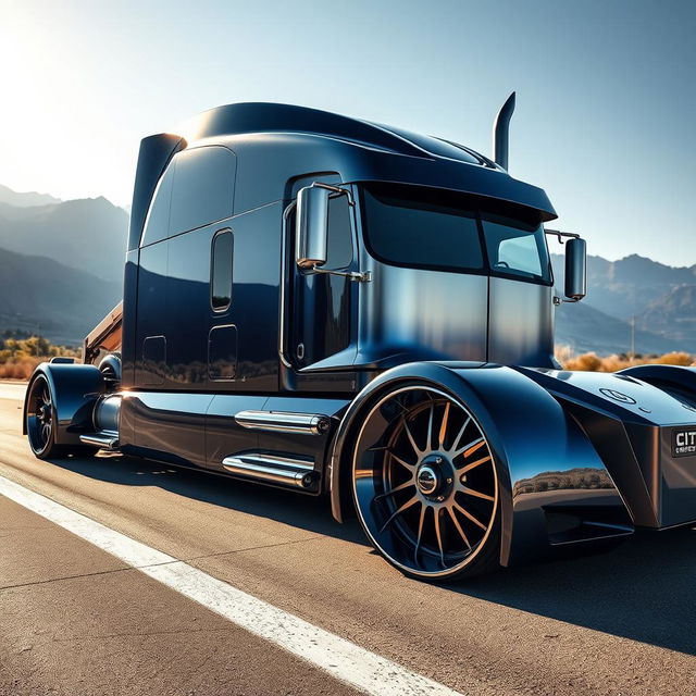 A striking custom semi-truck equipped with cutting-edge sporty rims and wheels