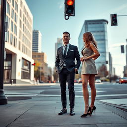 A stylish man and woman standing on a city sidewalk, both wearing high heels, waiting for a traffic light to turn red